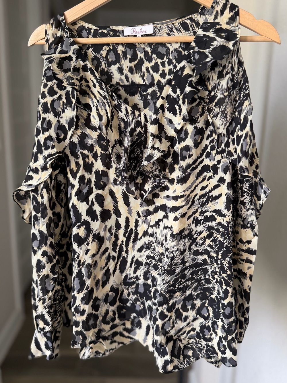 Parker 100% Silk Black & Cream Leopard Ruffle Cold-Shoulder Top XS